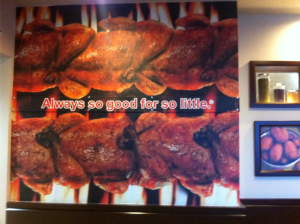 Swiss chalet Custom restaurant wall mural of grilled rotisserie chicken with promotional text printed and installed using 3M vinyl by Innovative Sign Solution, serving Toronto, Mississauga, Brampton, Vaughan, Markham, Richmond Hill, Hamilton, Burlington, Oakville, Milton, Guelph, Kitchener, Waterloo, Cambridge, London, Windsor, Niagara Falls, St. Catharines, Barrie, Oshawa, Whitby, Ajax, Pickering, and all other cities across Southern Ontario